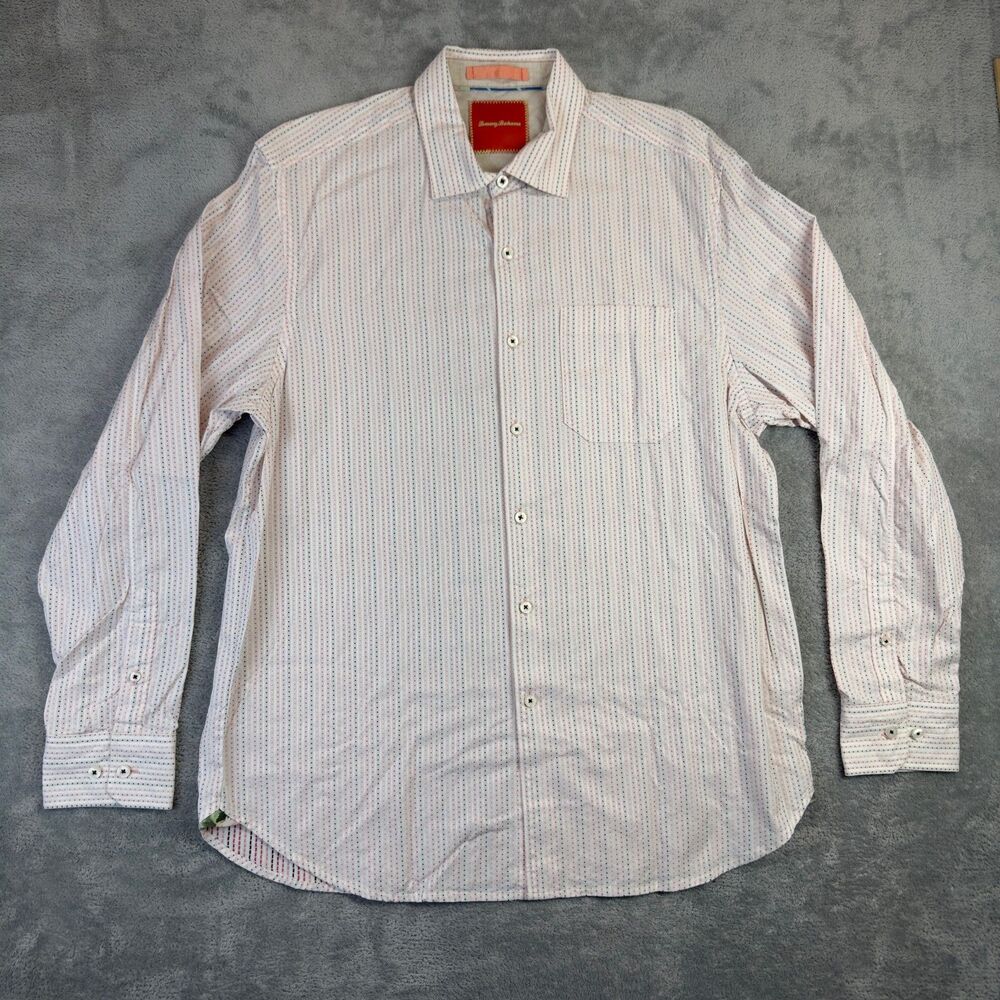 Tommy Bahama Shirt Mens Large White Orange Button Up Long Sleeve Cotton Casual